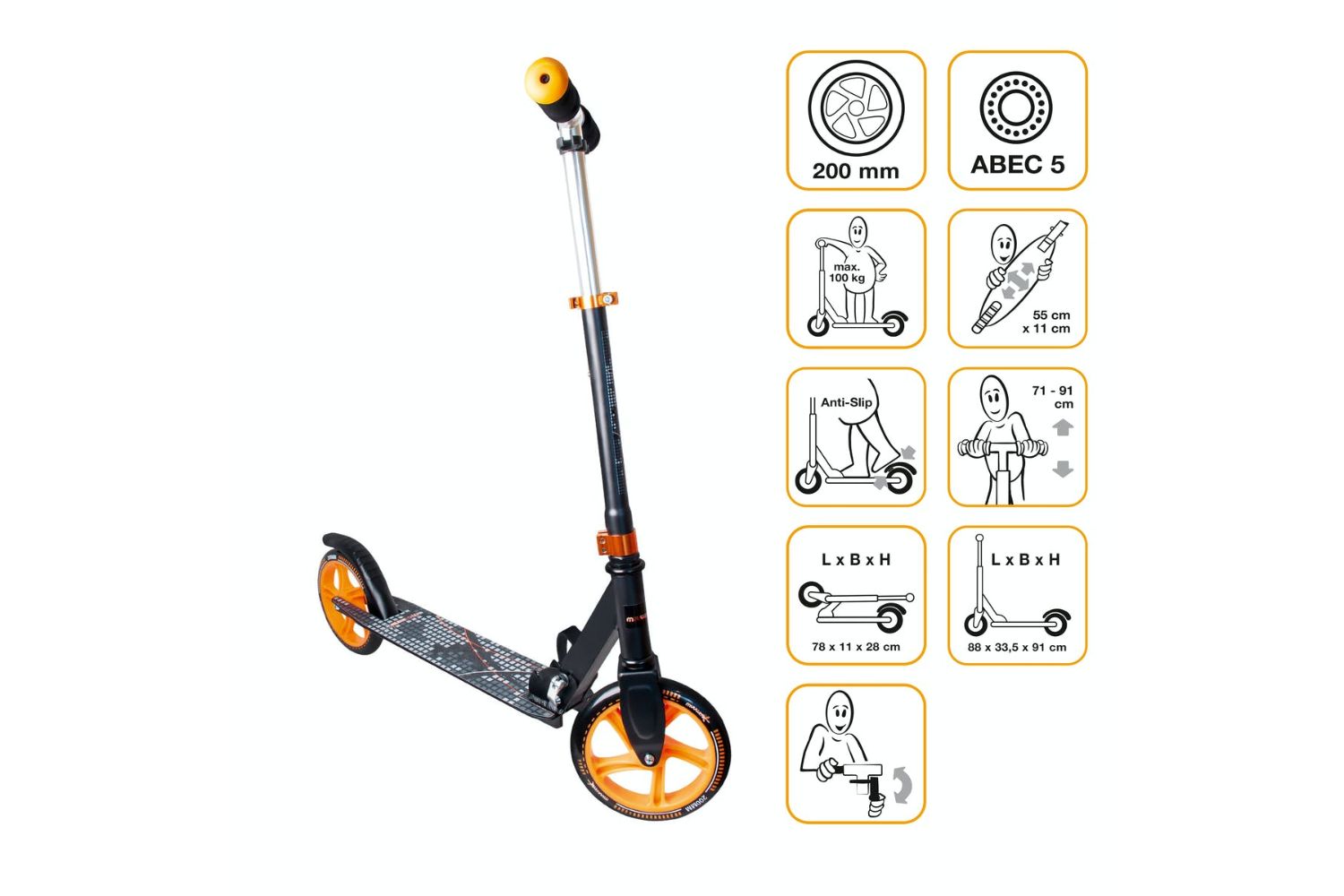 Muuwmi 116 Foldable Kickscooter | 200 mm | Black/Orange