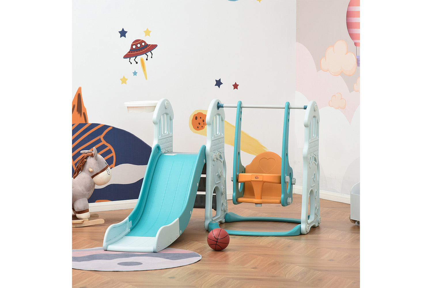 Homcom 331-007 3 in 1 Kid Slide and Swing Set Activity Center with Basketball | Blue/Orange