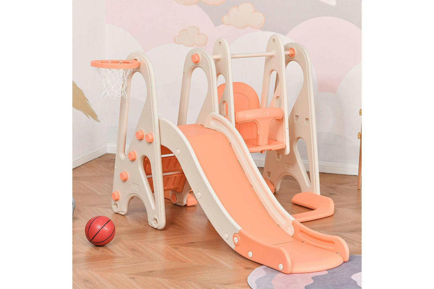 Homcom 331-014 3 in 1 Kid Slide and Swing Set Activity Center with Basketball | Pink