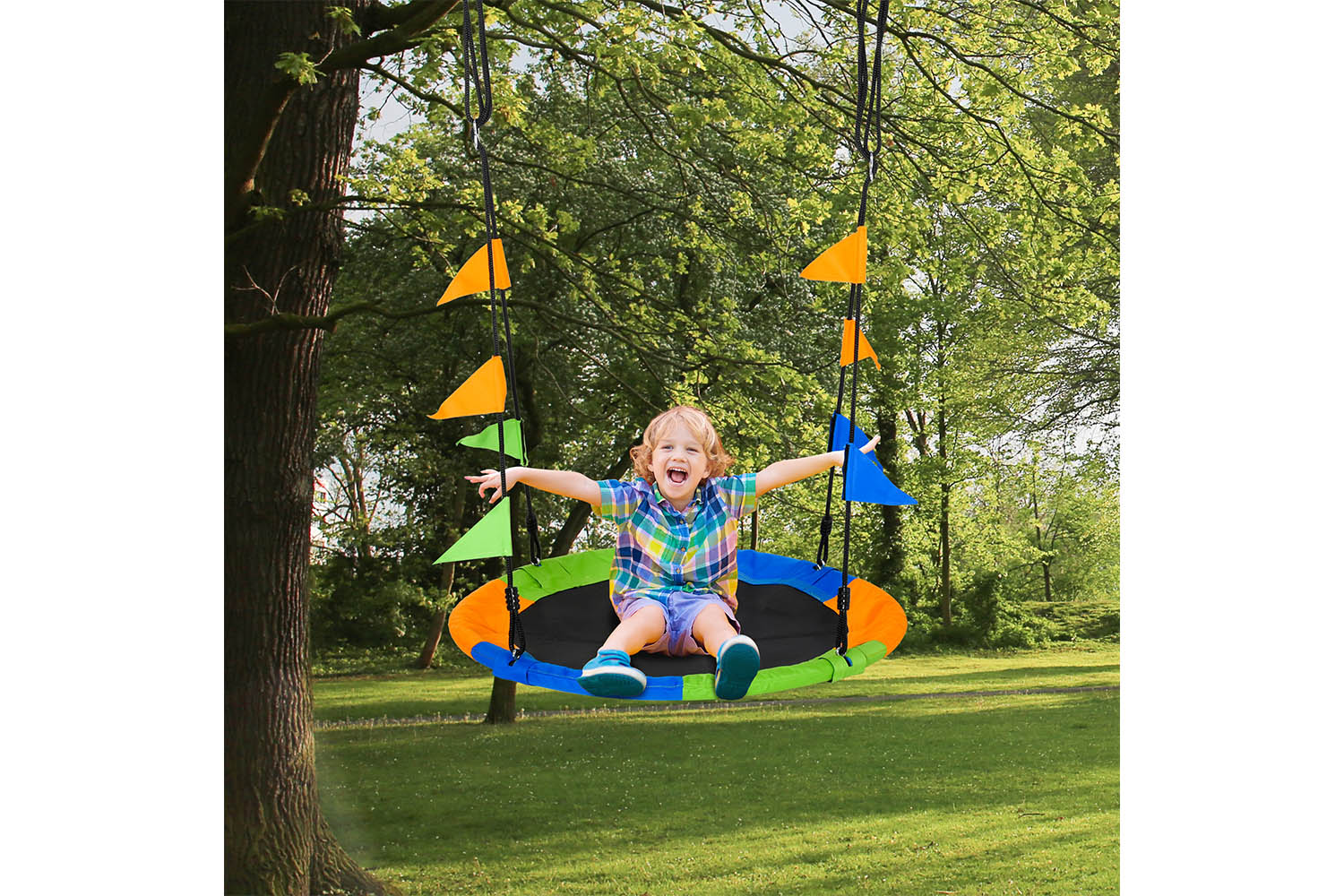 Outsunny 344-031 Saucer Tree Swing Set with Adjustable Rope | Blue/Green/Orange