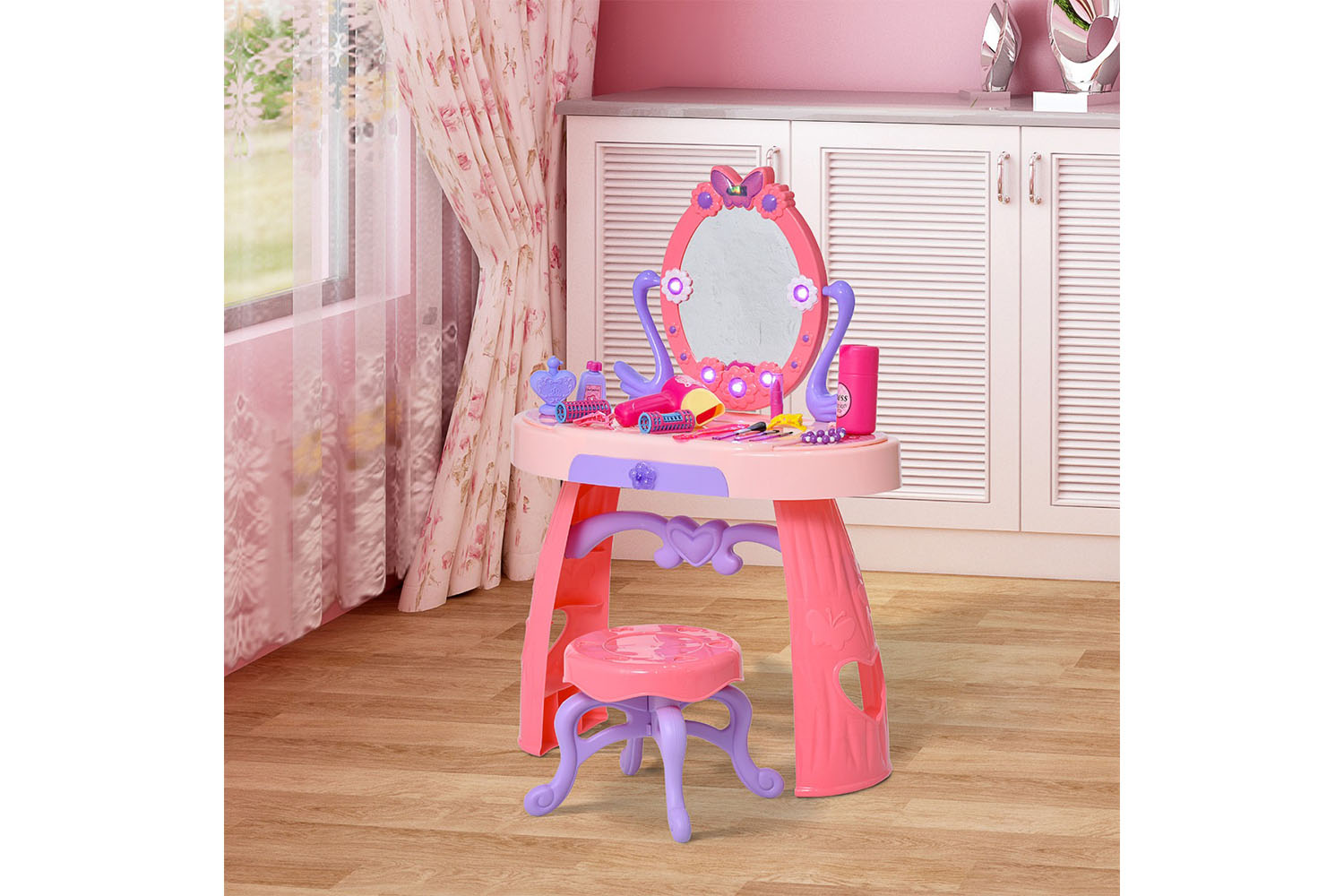 Homcom 350-051 Kids Pretend Play Plastic Vanity Table Set | Pink/Purple