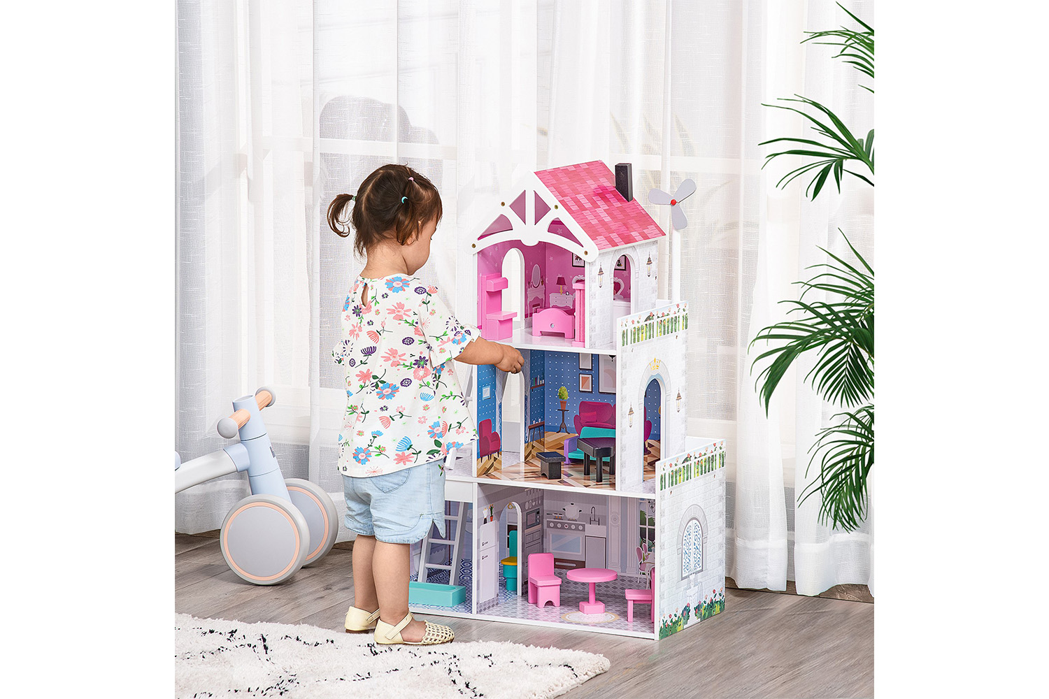 Homcom 350-108 Kids Wooden Doll House Playset | Pink