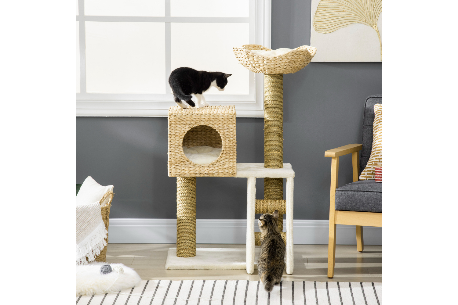 PawHut D30-410 100.5cm Scratching Post Cat Tree | White/Natural