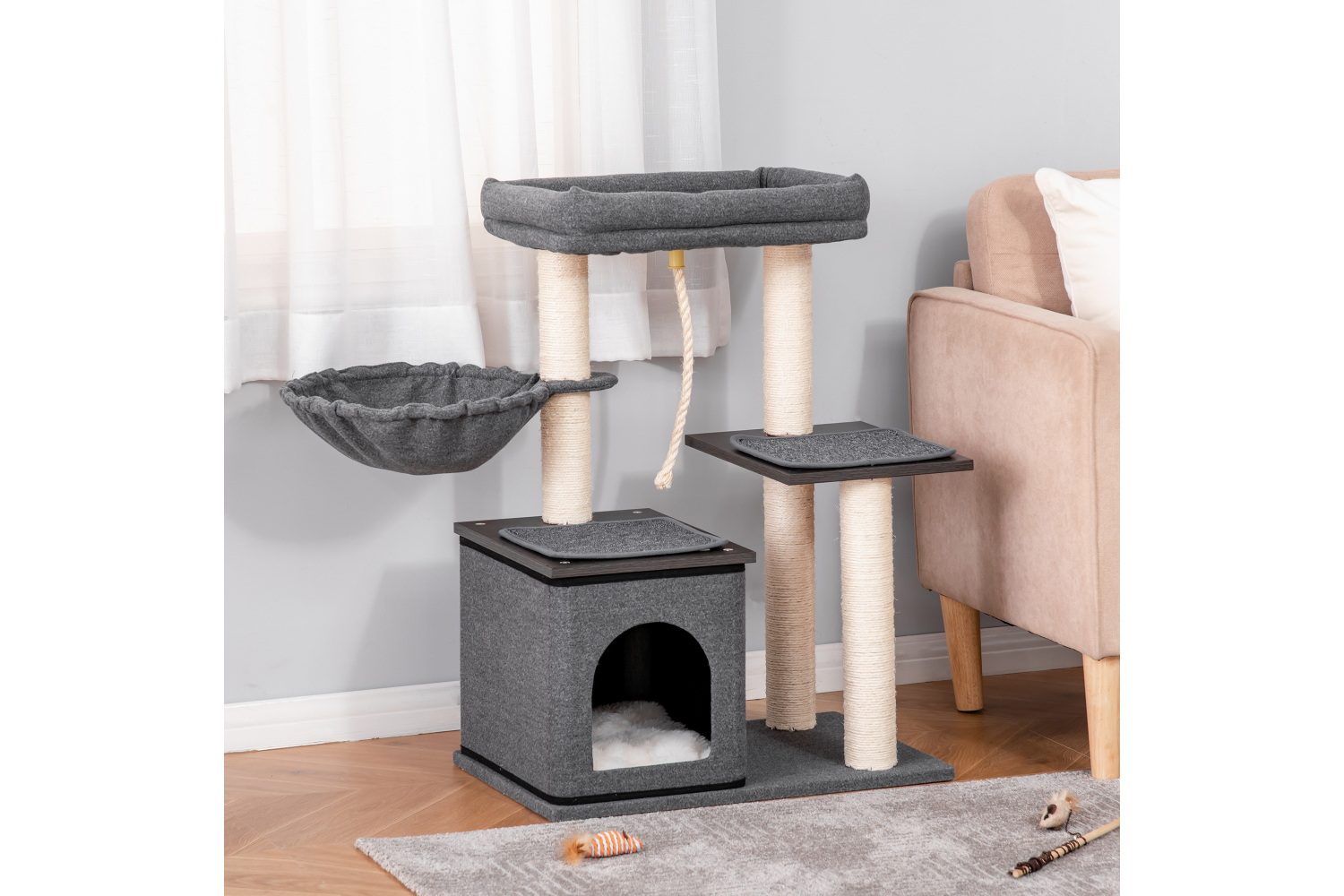 PawHut D30-447 90cm Scratching Post Cat Tree | Dark Grey