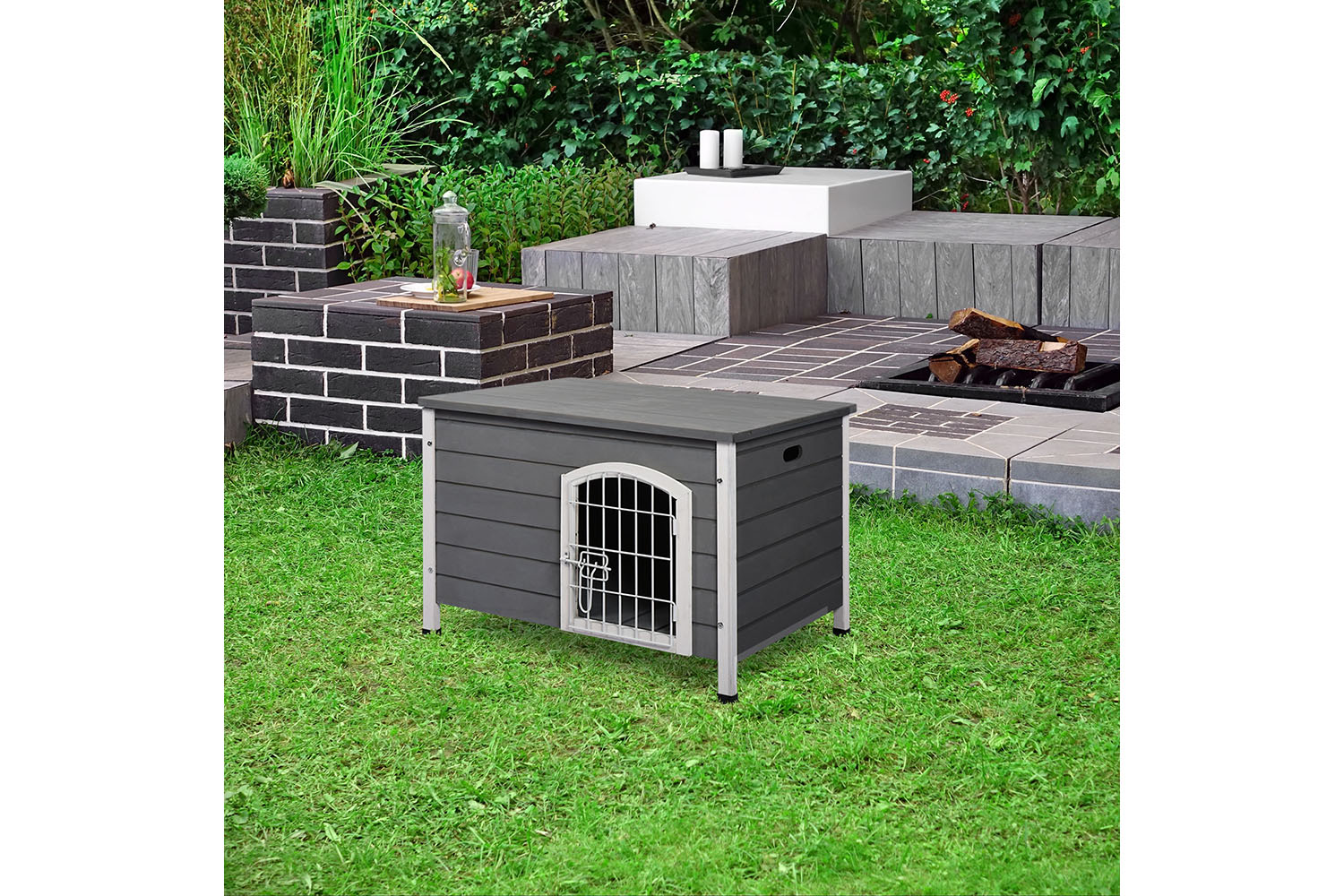 PawHut D02-044 Wooden Dog Crate Kennel | Grey