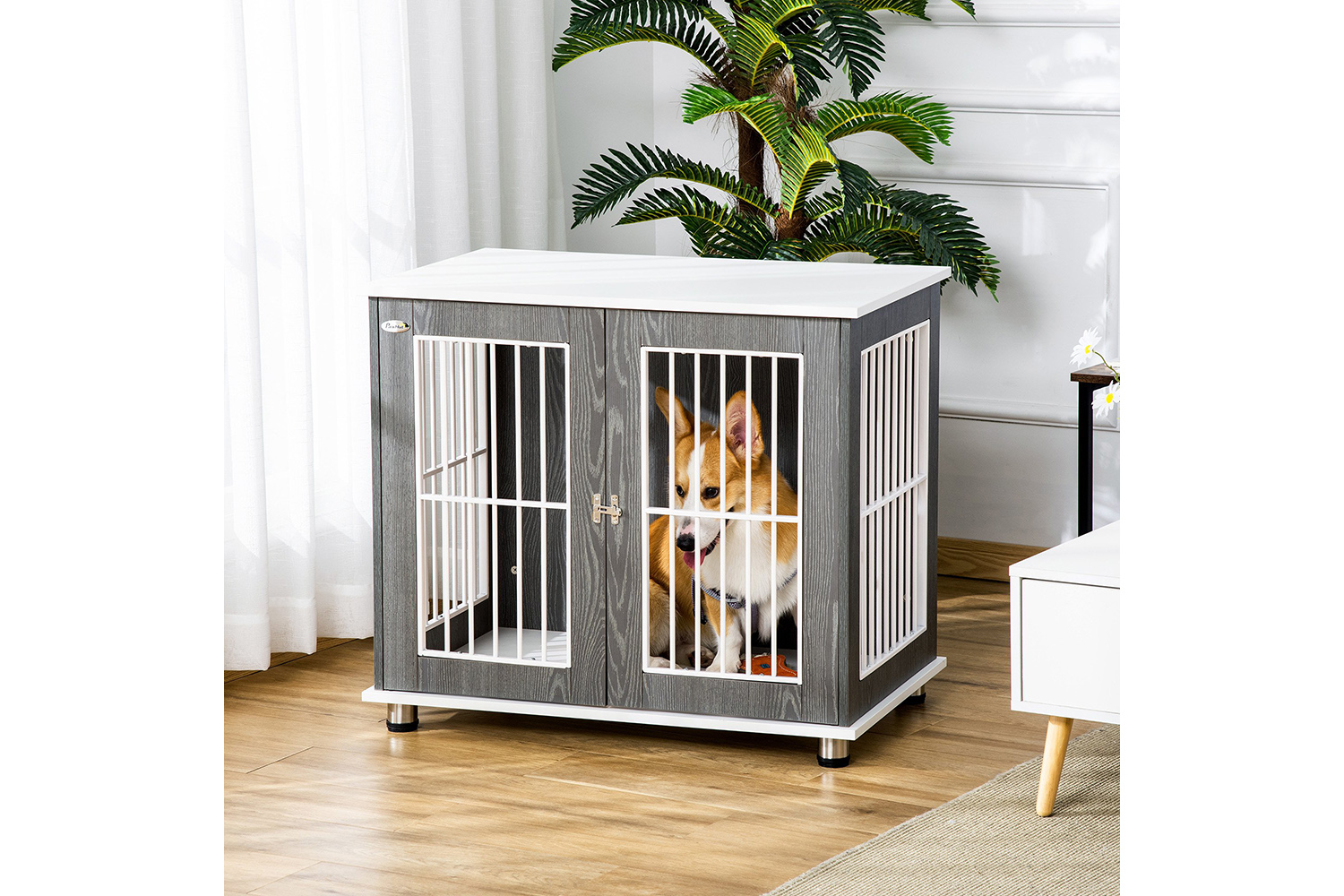 PawHut D02-076 Wooden Dog Crate Kennel | Grey & White