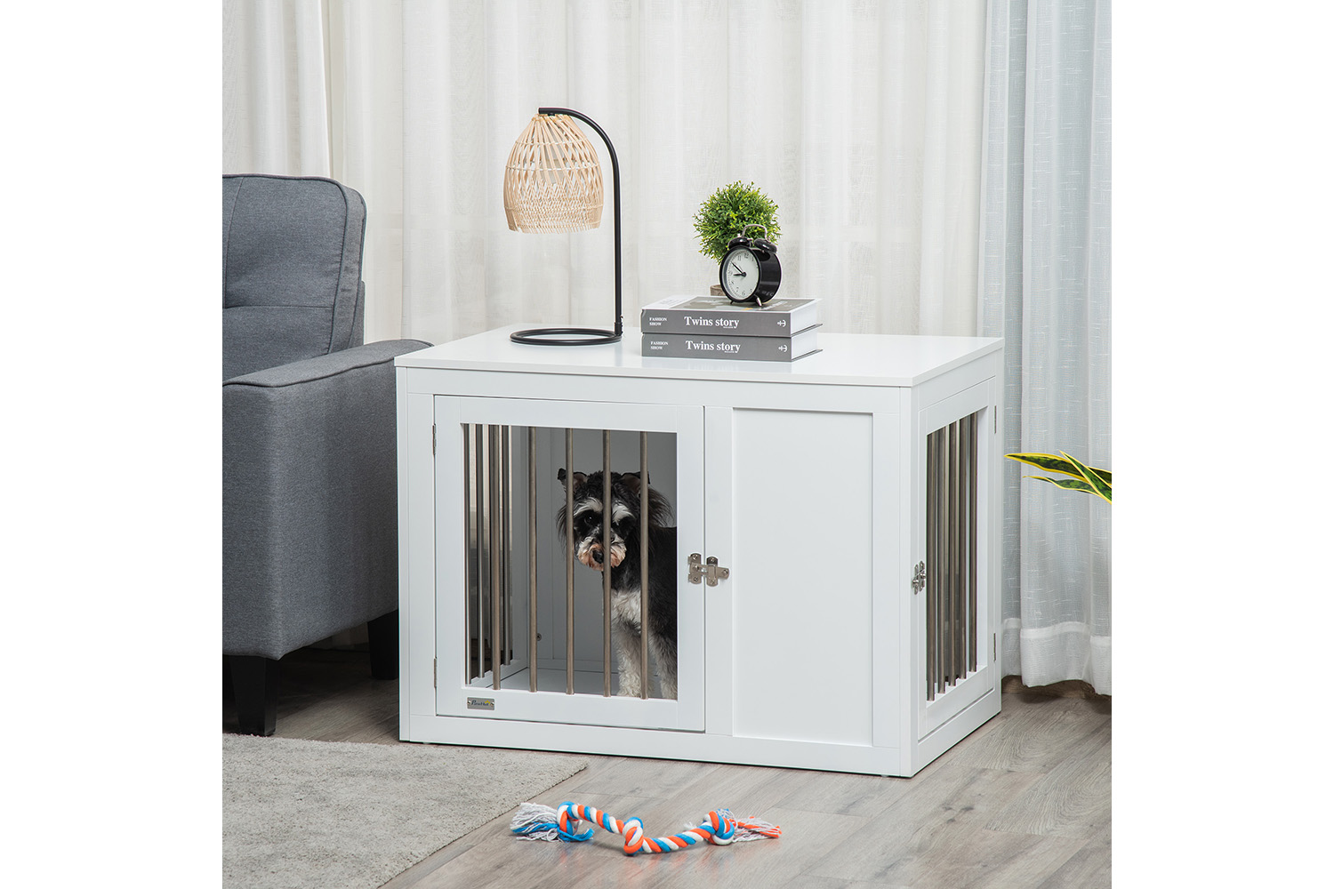 PawHut D02-082WT Two-In-One Dog Cage for Medium Dogs | White