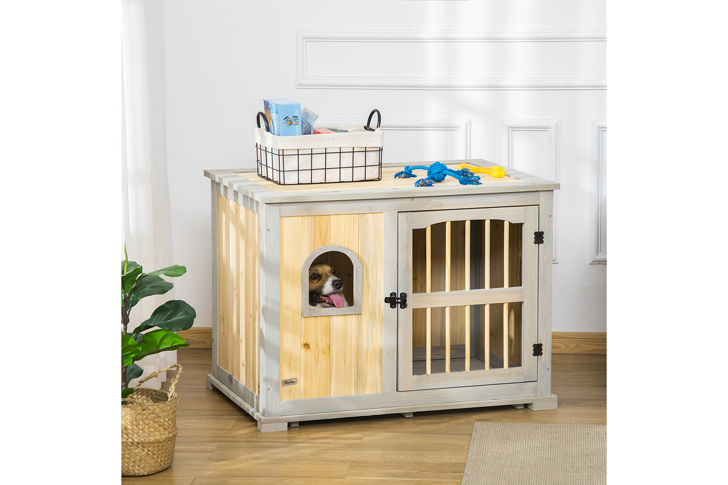 PawHut D02-114 Wooden Dog Crate Kennel  for Small, Medium Dogs | Grey & Natural