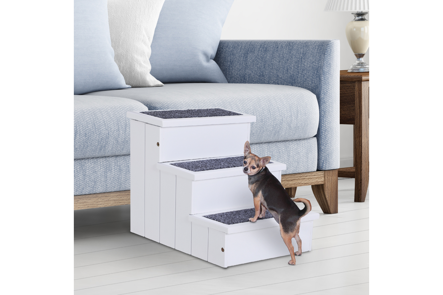 PawHut D06-065WT 3-step Pet Stairs Ramp Wood | White