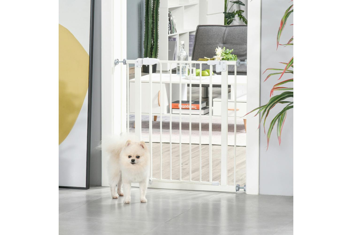 PawHut D06-097 Pressure Fitted Pet Safety Gate with Auto Close Double Lock | White