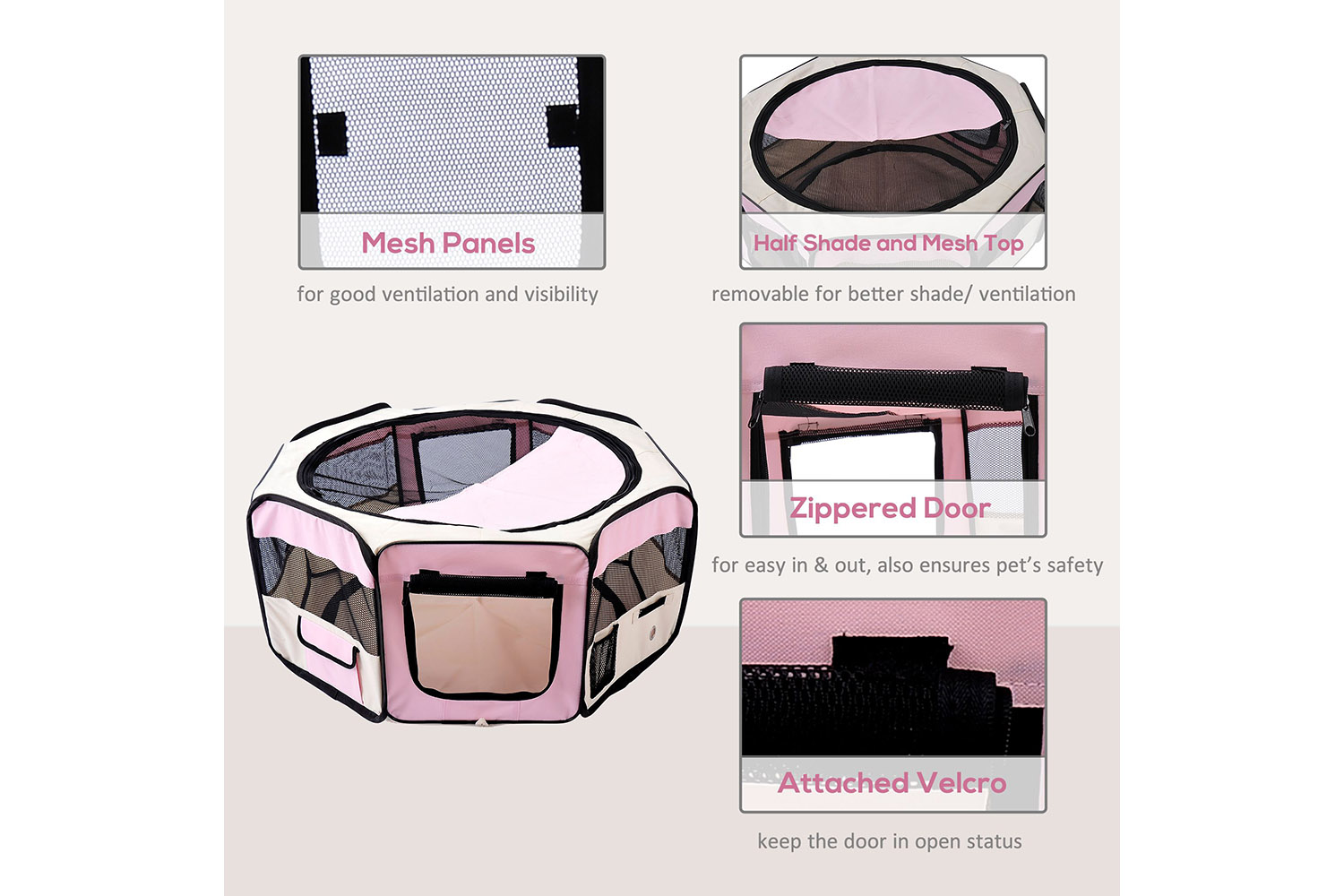 PawHut D1-0110 Breathable Pet Playpen | Beige & Pink