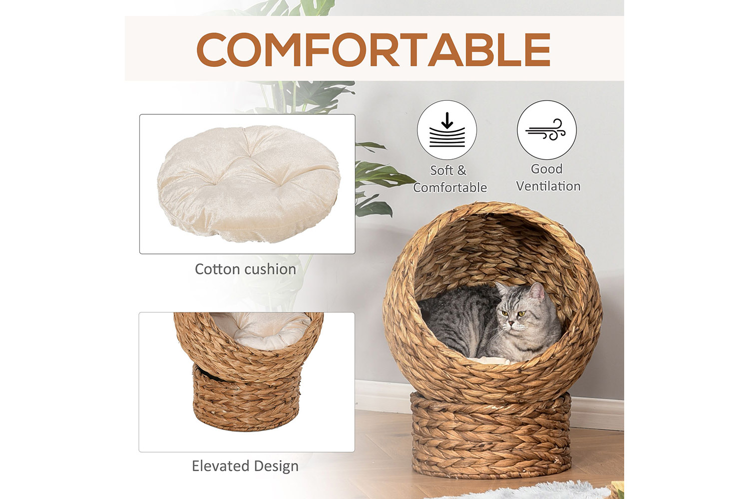 PawHut D30-104 Rattan Cat House | Natural Brown/Beige