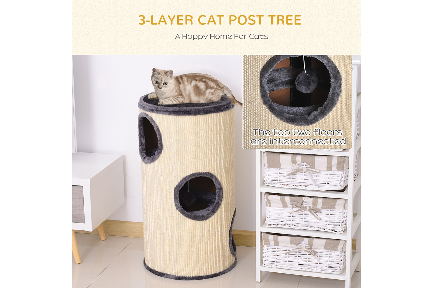 PawHut D30-199 Cat Scratching Barrel | Beige & Grey