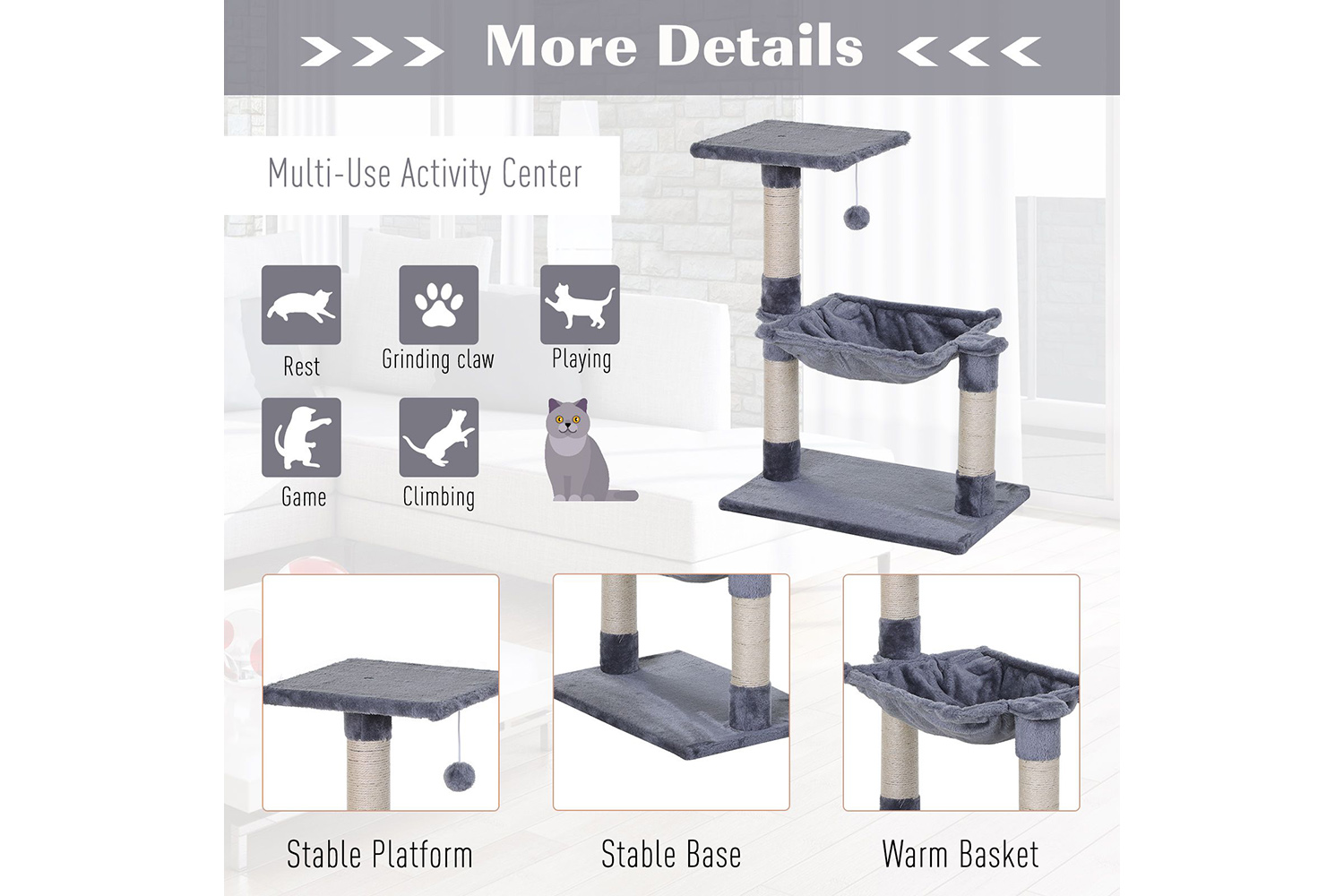 PawHut D30-215GY Cat Tree Scratching Post | Grey