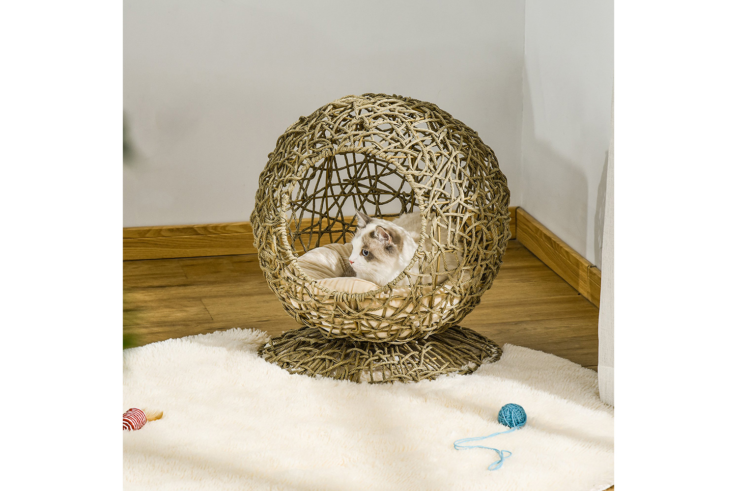 Pawhut D30-402 Wicker Cat Bed House with Soft Cushion | Brown