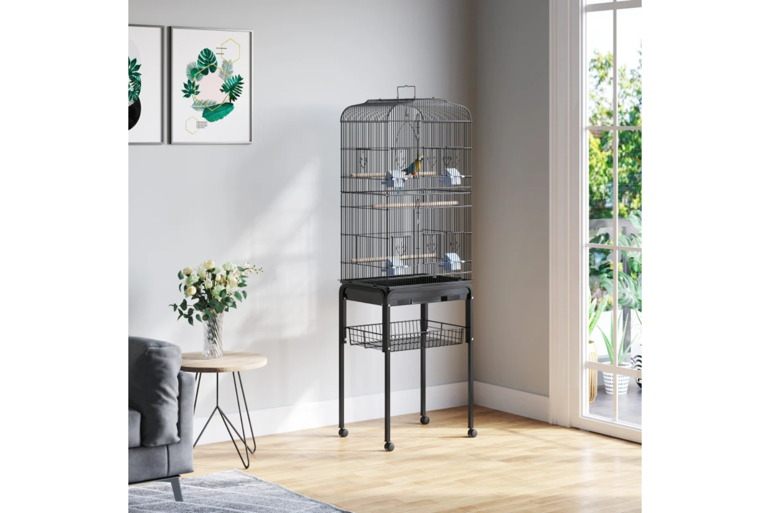 PawHut D10-019BK Metal Bird Cage with Removable Wheels Stand | Black