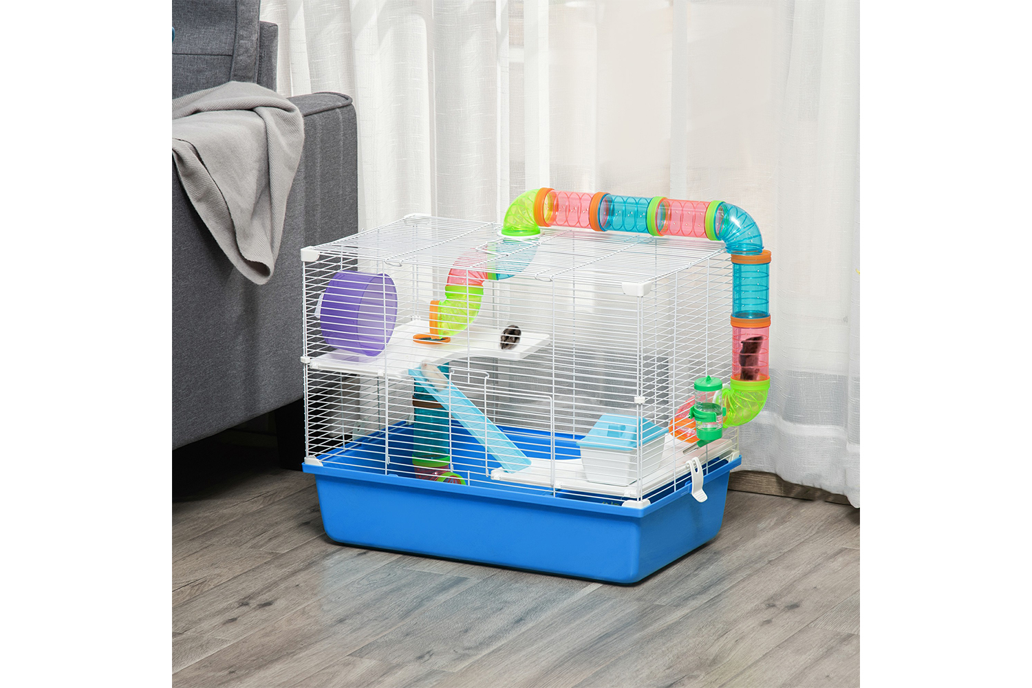 PawHut D51-234BU Hamster Cage with Tubes Tunnel Three-Level | Blue