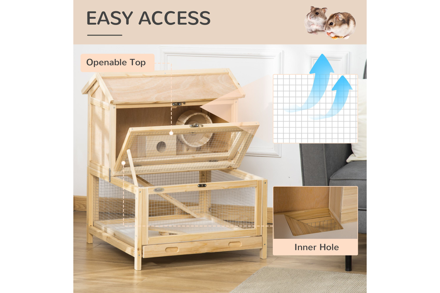 PawHut D51-297 Wooden Hamster Cage | Natural