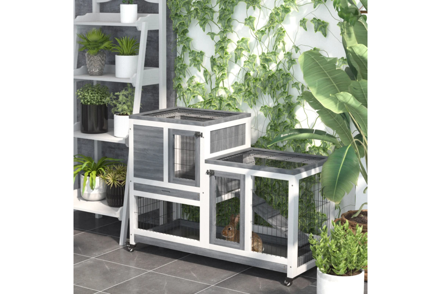 PawHut D51-125 2-Tier Fir Wood Indoor Hutch | Grey