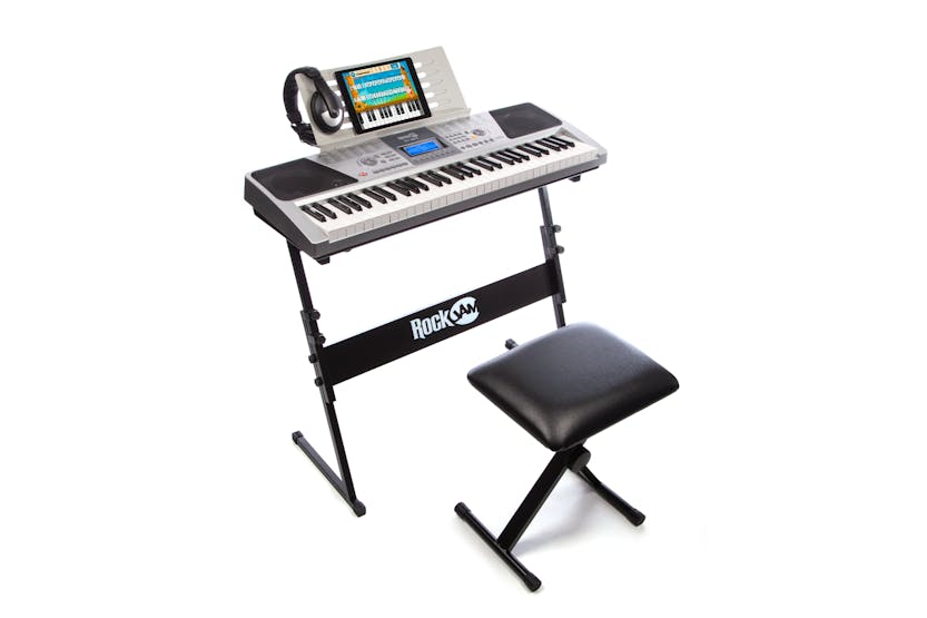 RockJam 61-Key Keyboard Piano Kit with Sustain Pedal, Stand, Bench, Headphones, Note Stickers & Lessons