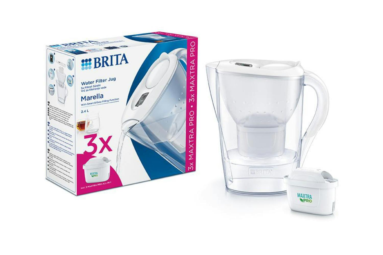 BRITA Water Filter Fridge Jug Marella 2.4L White + 3 Month MAXTRA