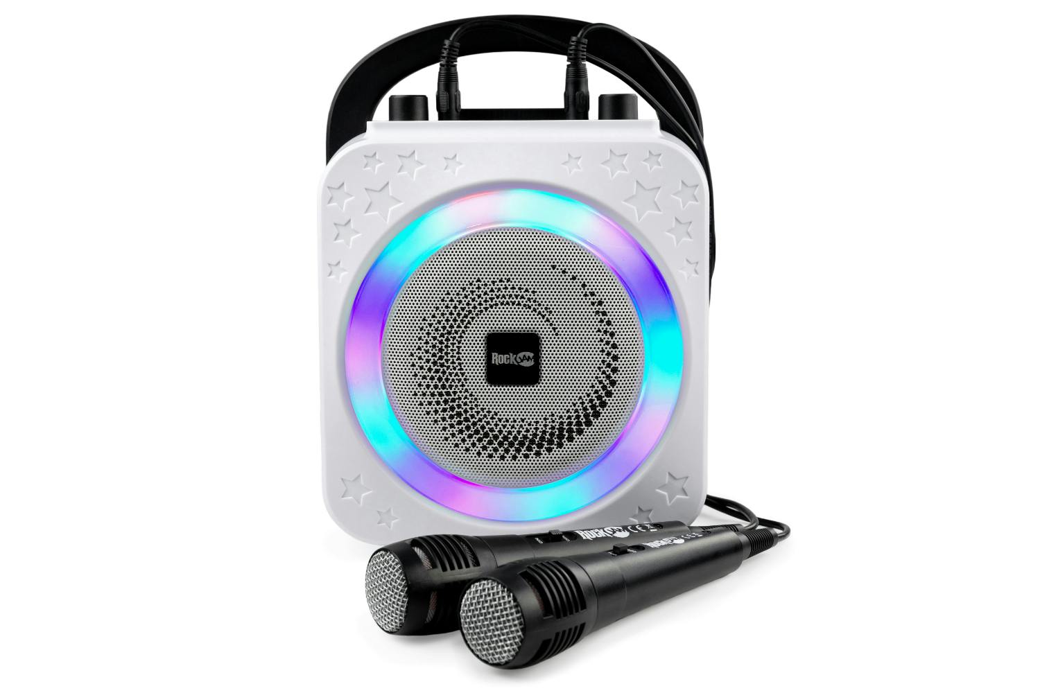 Rockjam 10-watt Rechargeable Bluetooth Karaoke Machine With Two Microphones, Voice Changing Effects & Led Lights