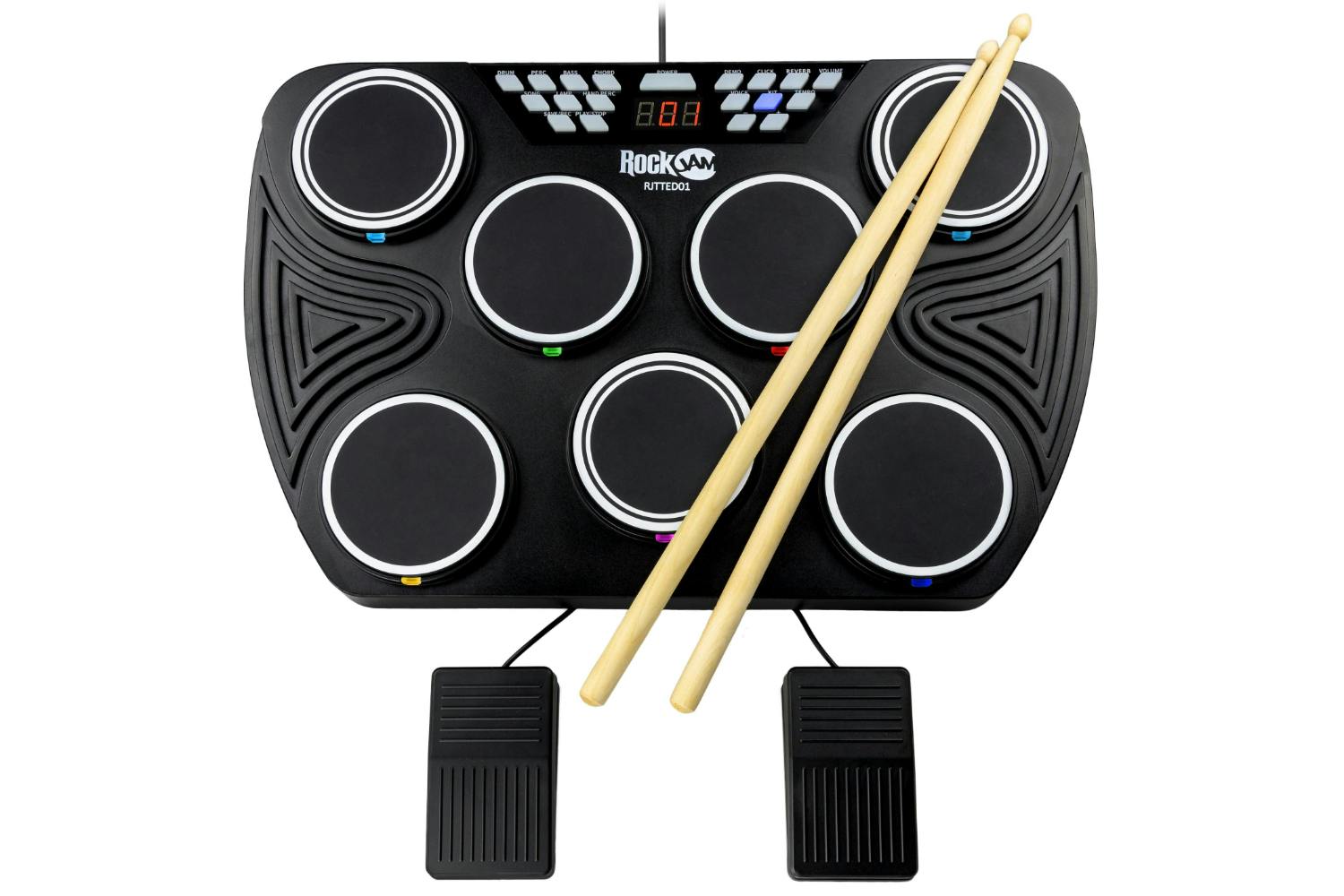 Rockjam Rechargeable Bluetooth Midi 7 Pad Tabletop Digital Drums Kit With 2 Drum Pedals, Drumsticks & Led Display
