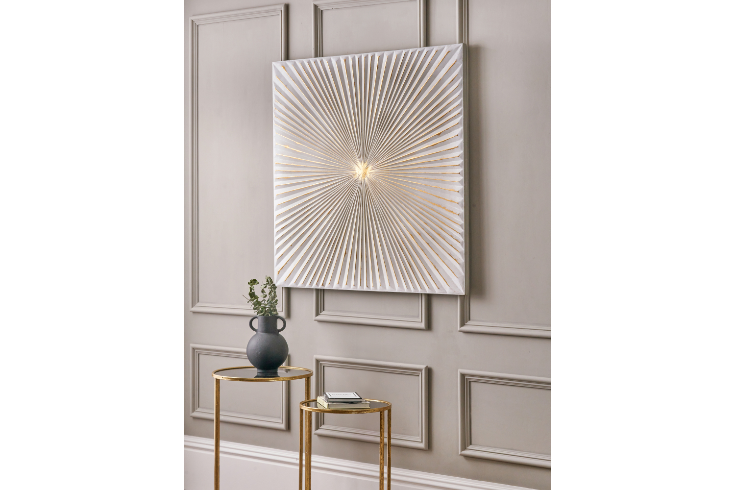 Sunburst Unframed Textured Metal Wall Art | White/Gold | 100 x 100 cm