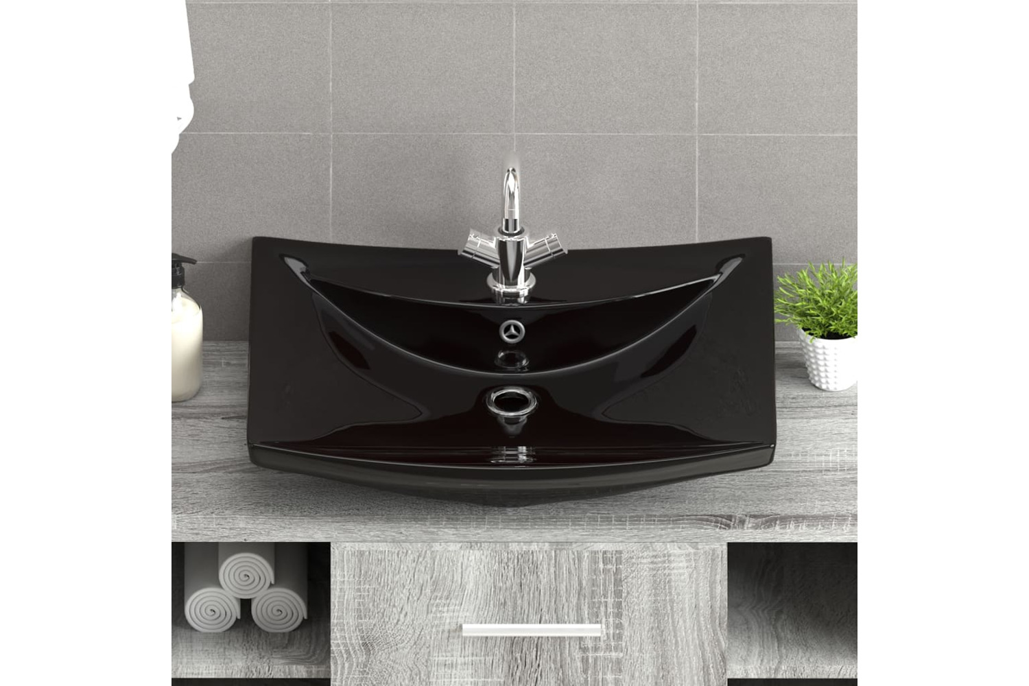 vidaXL 140689 Black Luxury Ceramic Basin Rectangular With Overflow & Faucet Hole