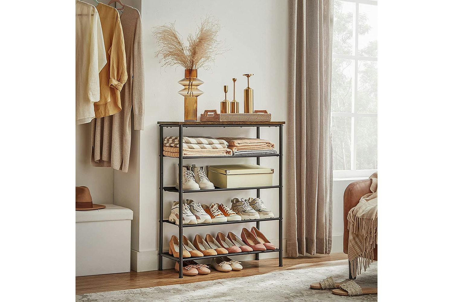 Vasagle Shoe Storage Rack With 4 Fabric Shelves | Rustic Brown & Black