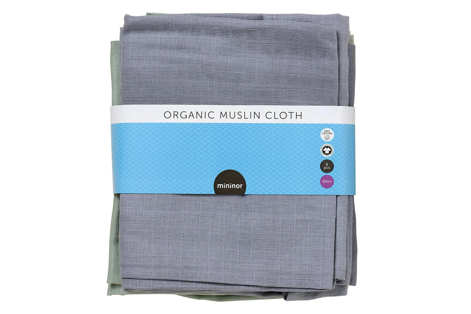 Mininor Organic Muslin Cloth | Grey Seal/Willow Green | 6 Pieces
