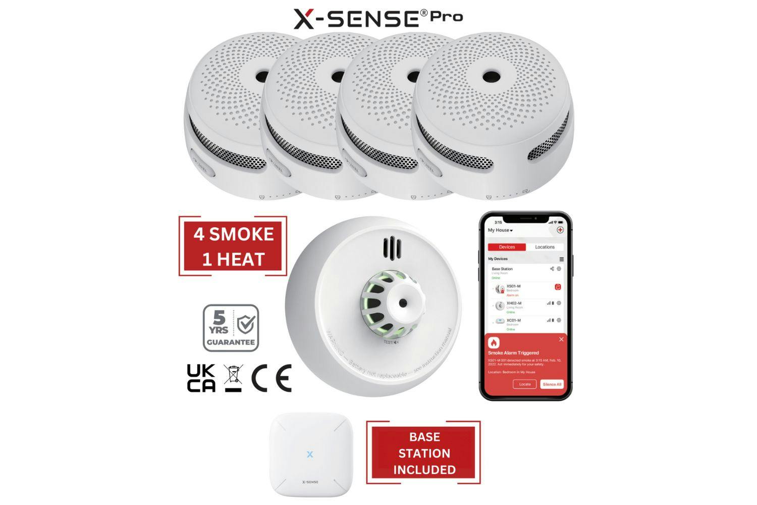 X-Sense Smart Smoke Detectors & Heat Alarms with Base Station | 4 Smoke / 1 Heat