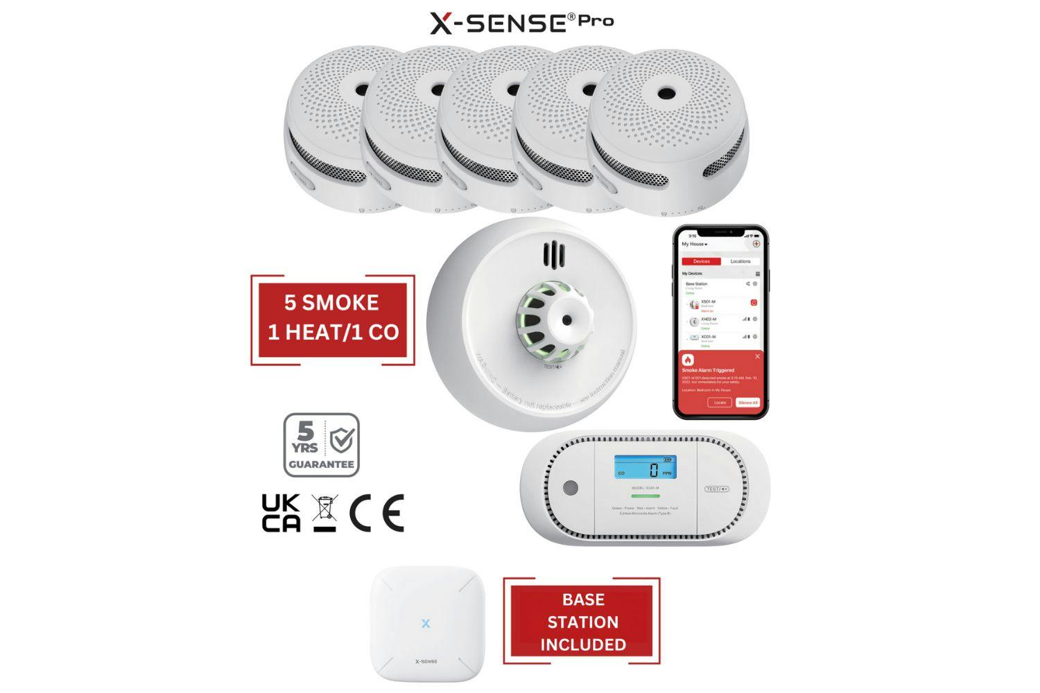 X-Sense Smart Smoke Detector Heat Alarm And Co Detector Home Fire Protection Kit With Base Station | 5 Smoke / 1 Heat / 1 Carbon