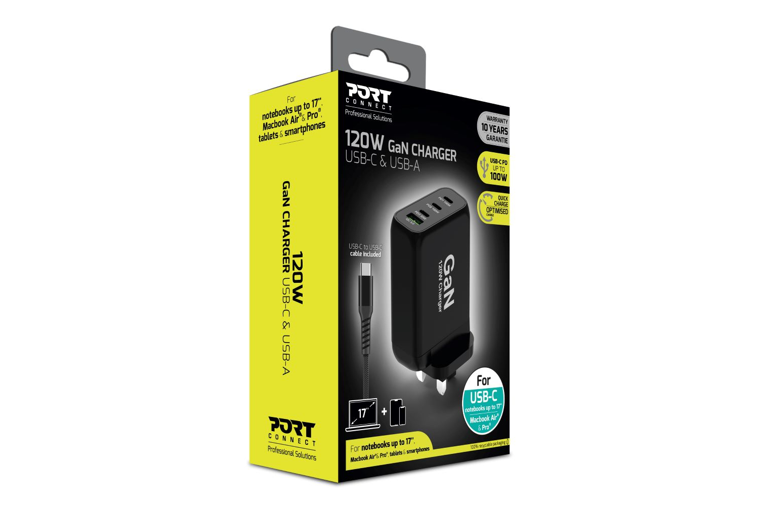 Port Designs 120W 4 Port GaN Wall Charger & UK USB-C Cable | 2m