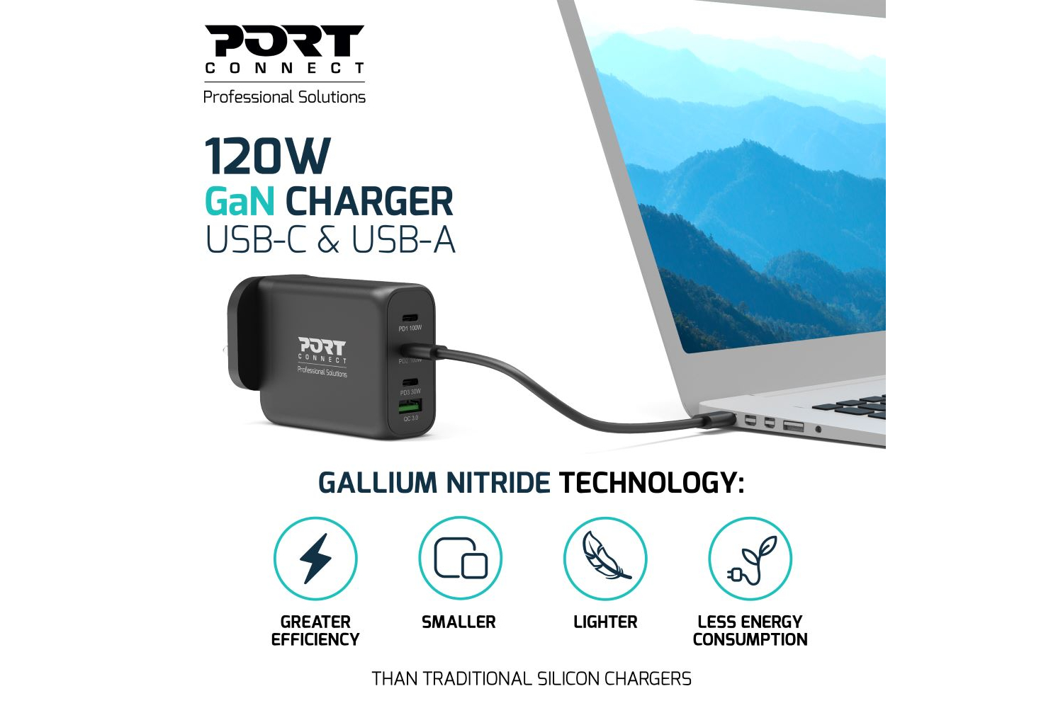 Port Designs 120W 4 Port GaN Wall Charger & UK USB-C Cable | 2m