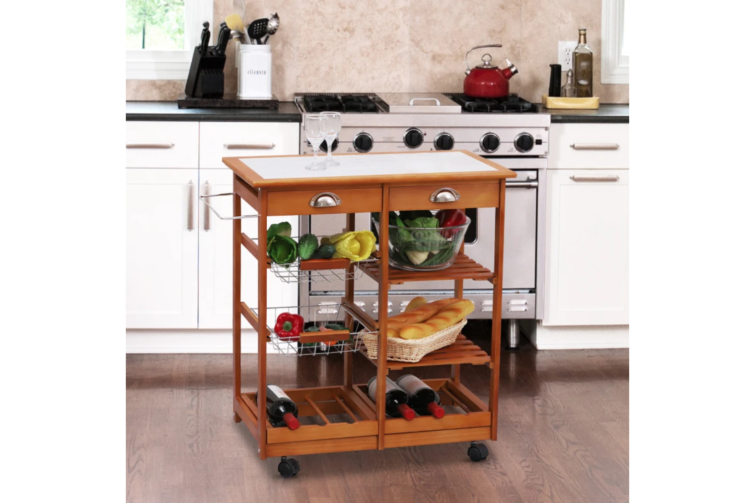Homcom Wooden Kitchen Trolley Rolling Cart | Honey