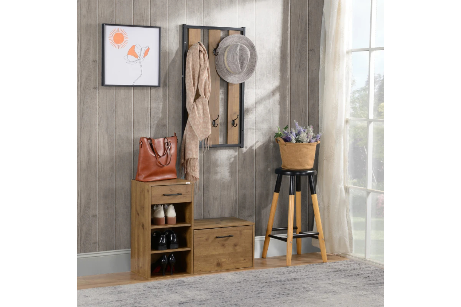 Homcom Coat Rack with Shoe Bench Set | Black/Natural