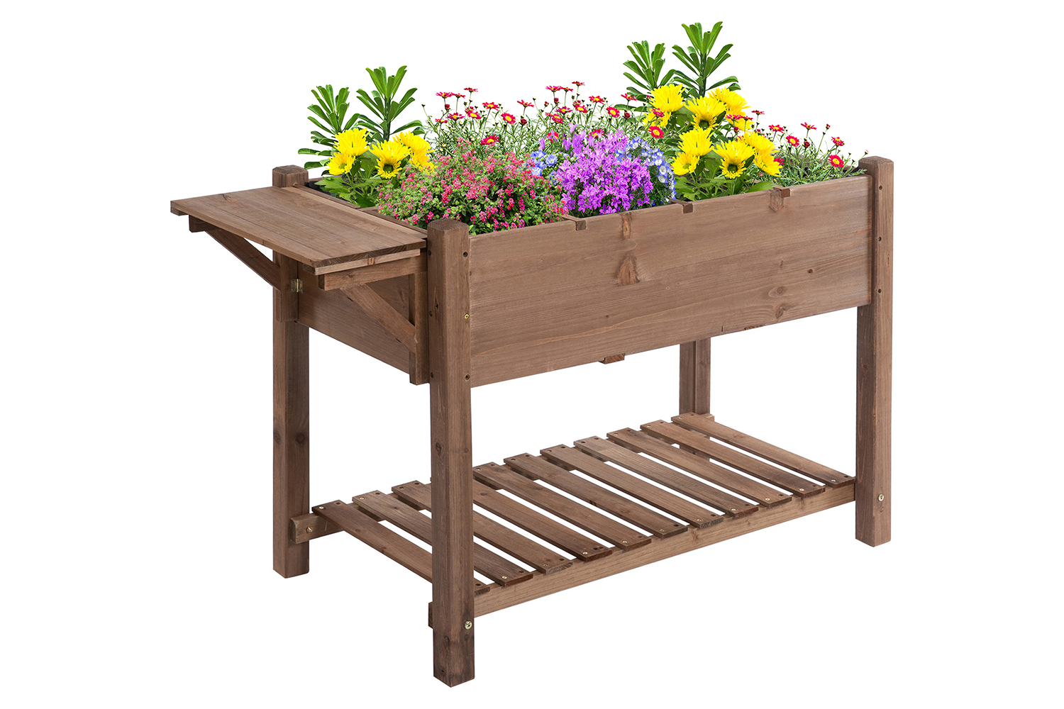 Outsunny Wooden Raised Garden Plant Stand with Shelf | Brown
