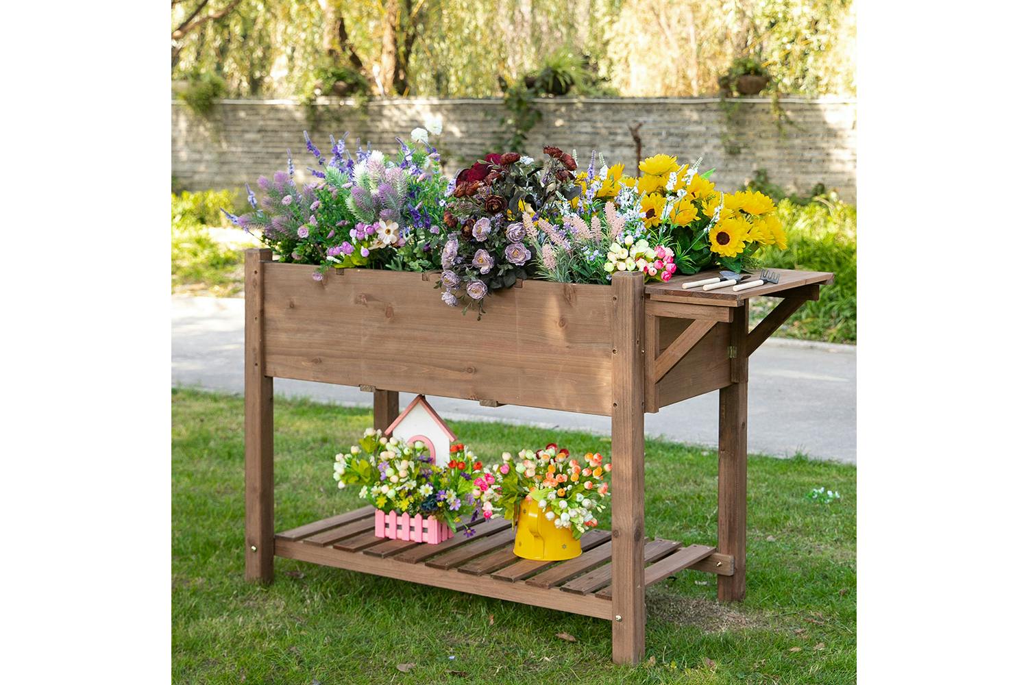 Outsunny Wooden Raised Garden Plant Stand with Shelf | Brown