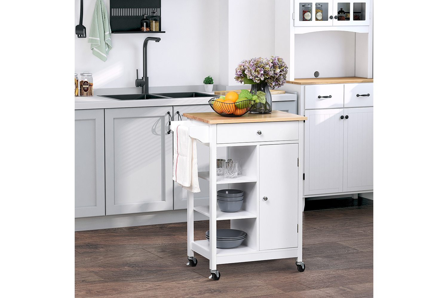 Homcom MDF Kitchen Storage Trolley Cart | White/Natural