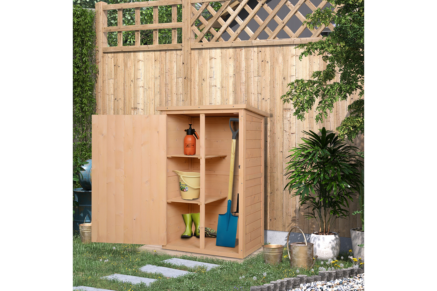 Outsunny Fir Wood Garden Storage Shed with Shelves | Natural