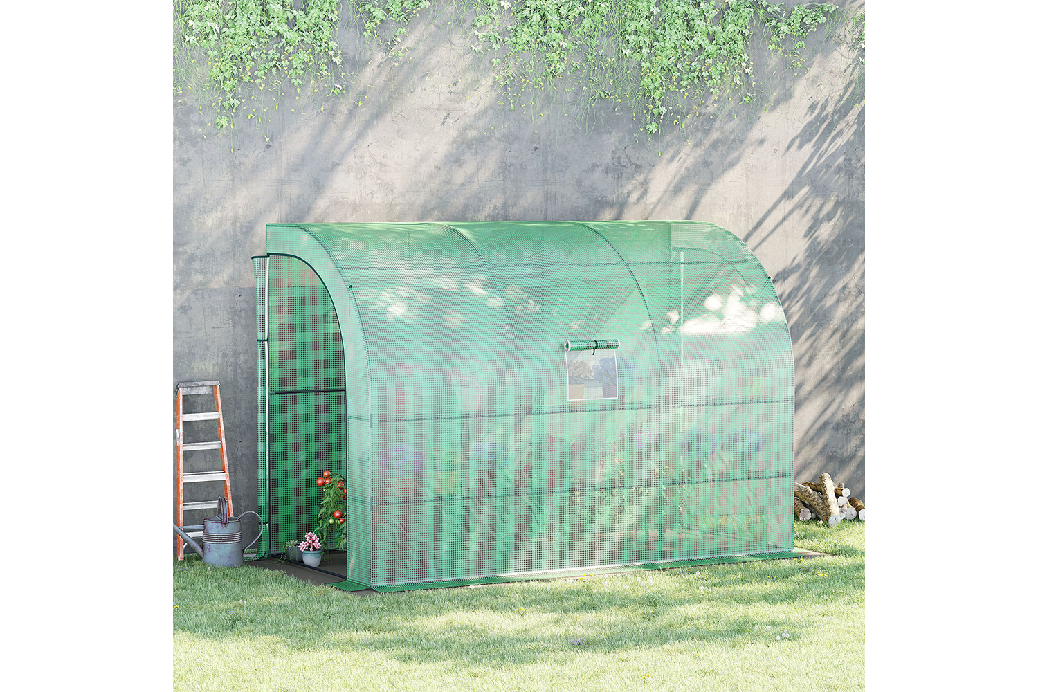 Outsunny Walk-In Lean Wall Greenhouse with Windows and Doors | Green