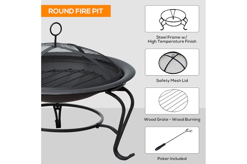 Outsunny Outdoor Metal Round Fire Pit with Poker Handle | Black