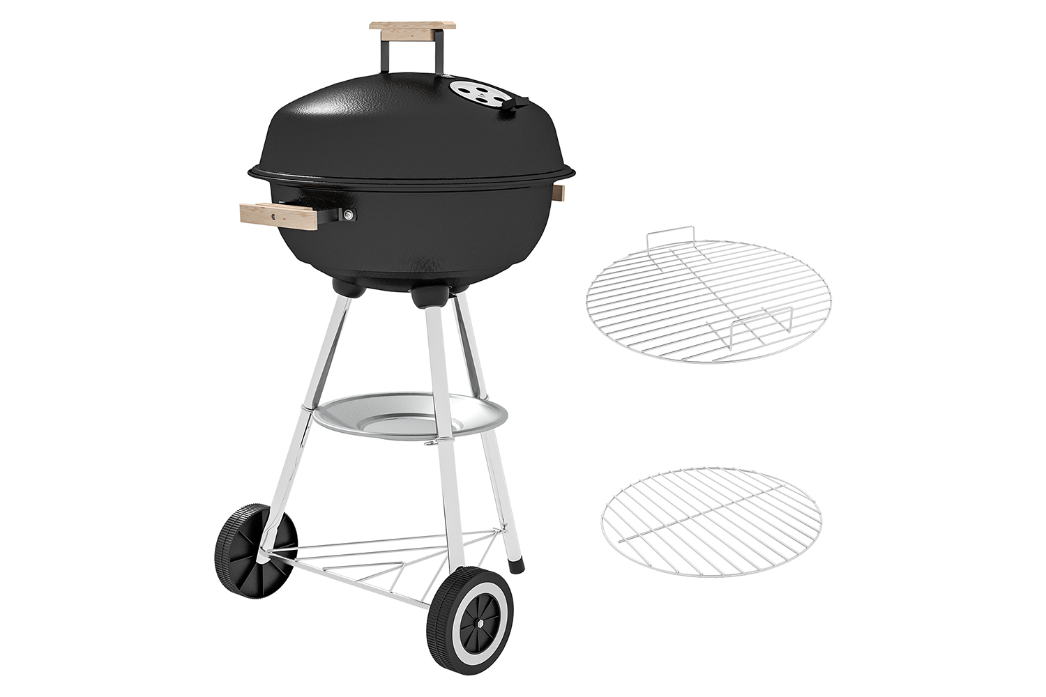 Outsunny Outdoor Portable Round Charcoal BBQ Grill With Wooden Handle | Black/Silver