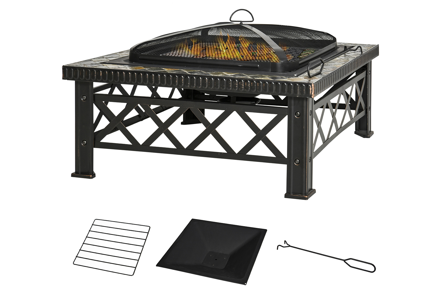 Outsunny Fair Pit with Grill Shelf Poker | Black