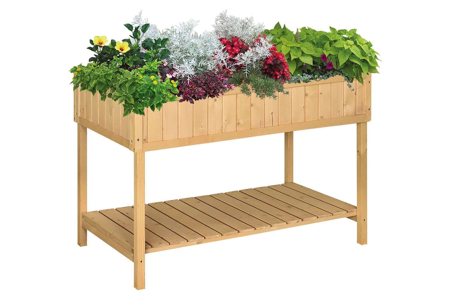Outsunny Fir Wood Rectangular Planter Bed with Bottom Shelf | Natural