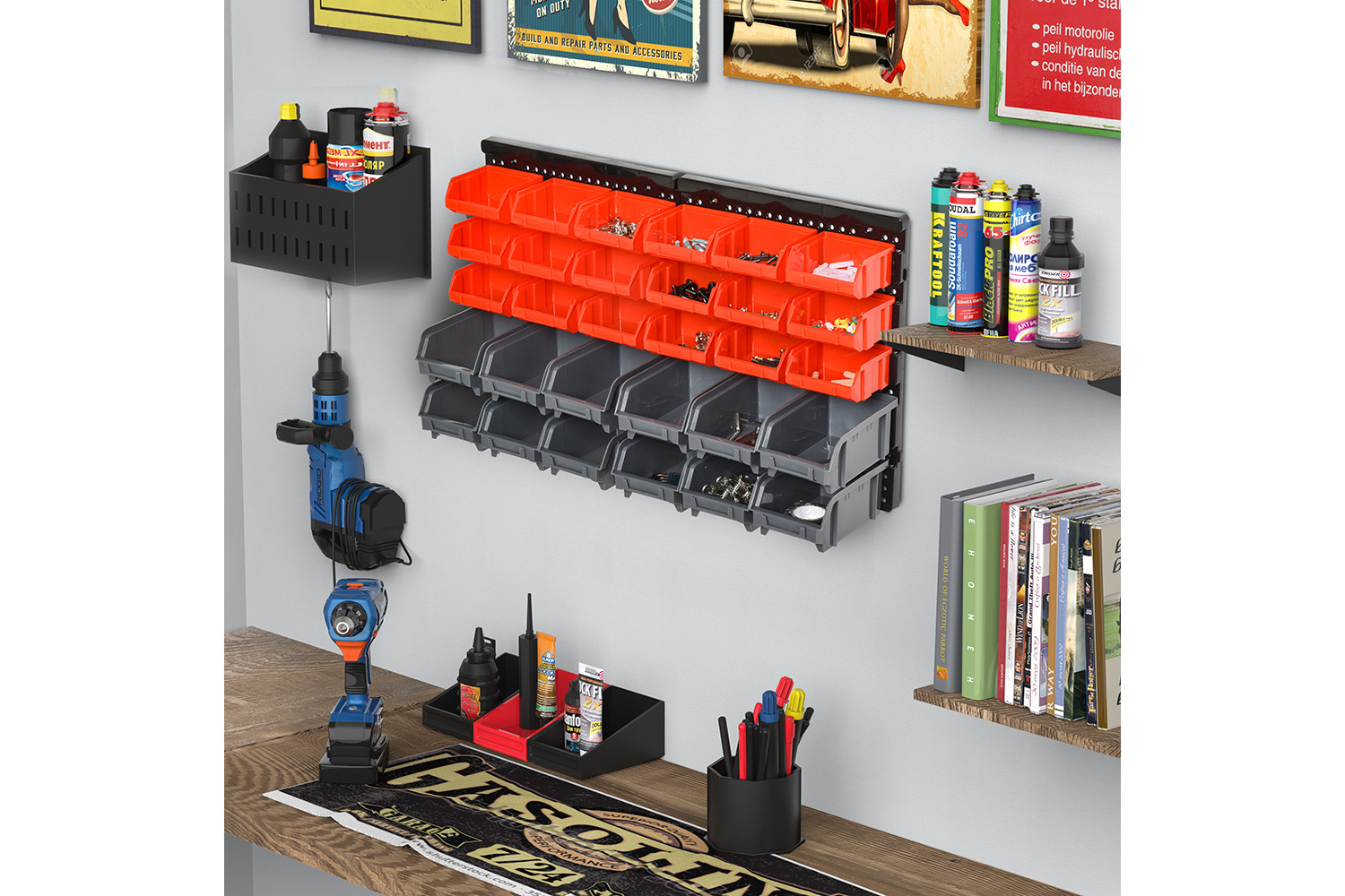 Durhand Wall Mounted 30 Compartment Tool Hardware Organiser | Red/Grey