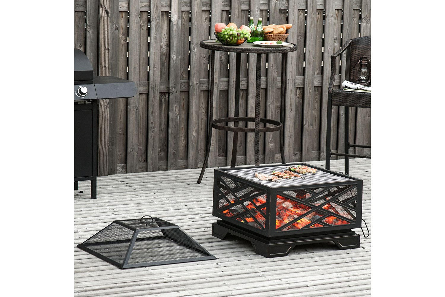 Outsunny Outdoor Metal Square Fire Pit with Grill Cooking Grate Poker | Black