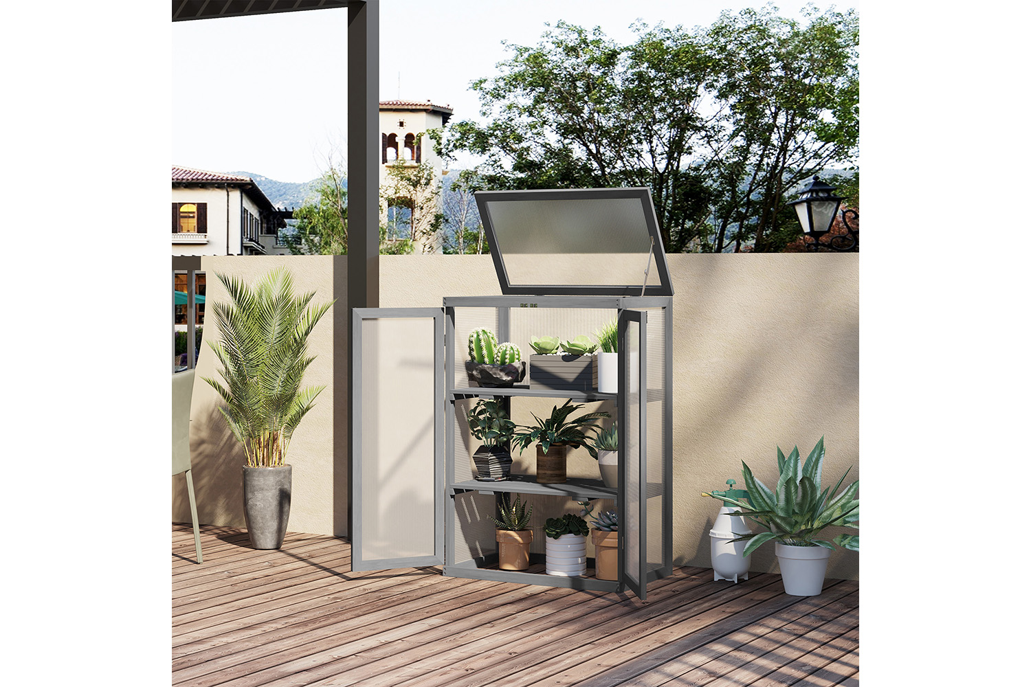 Outsunny 3-Tier Outdoor Garden Wooden Greenhouse | Dark Grey