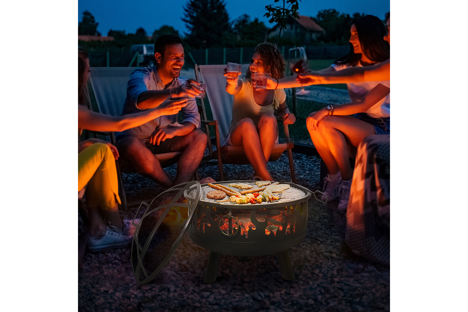 Outsunny Fire Pit with Grill Cooking Grate Poker | Black